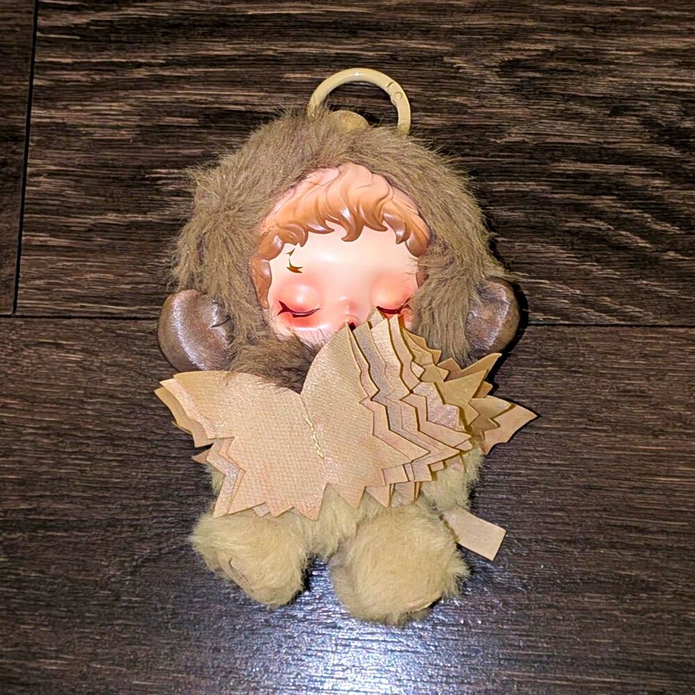 Sulland Angel Plush Faux Fur Key Chain w/ Metal Clip, Gray/Beige Fur Trim